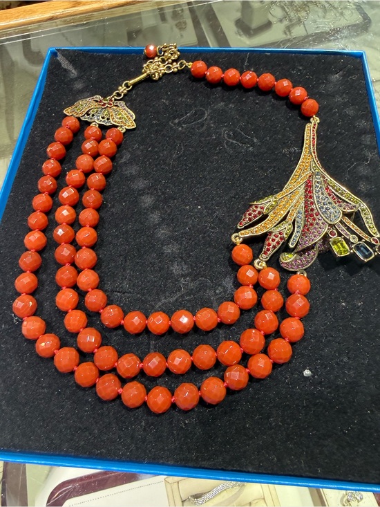 Heidi Daus Jewelry - Heidi Daus Lilly TRIPLE STRAND RED BEADED NECKLACE With FLOWER DROP